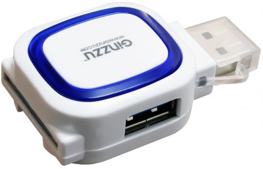 Картридер внешний Ginzzu GR-514UB USB2.0 + HUB бело-синий