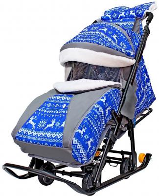 Санки-коляска Snow Galaxy LUXE Зимняя ночь Олени 6080 до 25 кг синий серый рисунок черный ткань металл