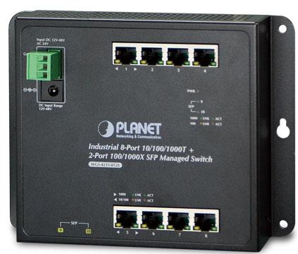 IP30, IPv6/IPv4, 8-Port 1000TP + 2-Port 100/1000F SFP Wall-mount Managed Ethernet Switch (-40 to 75 C), dual redundant power input on 12-48VDC / 24VAC terminal block and power jack, SNMPv3, 802.1Q VLAN, IGMP Snooping, SSL, SSH, ACL