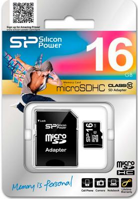 Карта памяти MicroSDHC 16GB Silicon Power Class10 + 1 Adapter
