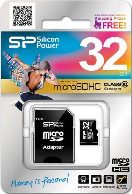Карта памяти MicroSDHC 32GB Silicon Power Class10 + 1 Adapter