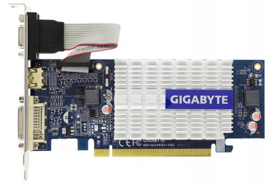 Видеокарта 1Gb <PCI-E> Gigabyte GV-N210SL-1GI с CUDA <GF210, GDDR3, 64 bit, HDCP, VGA, DVI, HDMI, Low Profile, Retail>