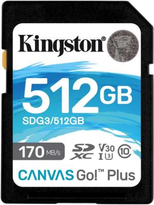Флеш карта SDXC 512Gb  Kingston SDXC, UHS-I Class U3 V30, чтение: 170Мб/с, запись: 90Мб/с <SDG3/512GB>
