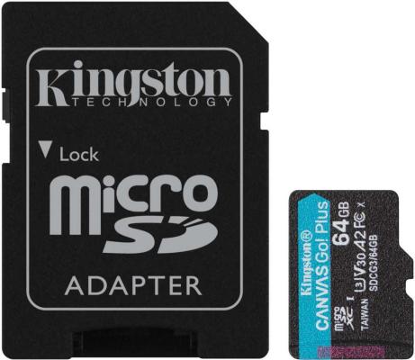 Флеш карта microSDXC 64Gb  Kingston,microSDXC, UHS-II Class U3 V30 A2, чтение: 170Мб/с, запись: 70Мб/с, с адаптером <SDCG3/64GB>