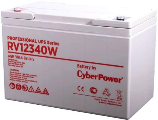 Battery CyberPower Professional UPS series RV 12340W, voltage 12V, capacity (discharge 20 h) 96.4Ah, capacity (discharge 10 h) 92.7Ah, max. discharge current (5 sec) 1180A, max. charge current 30A, lead-acid type AGM, terminals under bolt M8, LxWxH 305x168x208mm., full height with terminals 230mm., weight 31.1kg., operational life 12 years