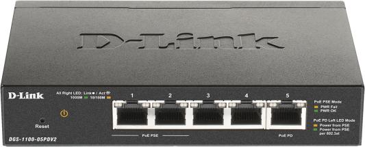 D-Link DGS-1100-05PDV2/A1A, L2 Smart Switch with 4 10/100/1000Base-T ports and 1 10/100/1000Base-T PD port(2 PoE ports 802.3af (15,4 W), PoE Budget 18W from 802.3at / 8W from 802.3af).2K Mac address,