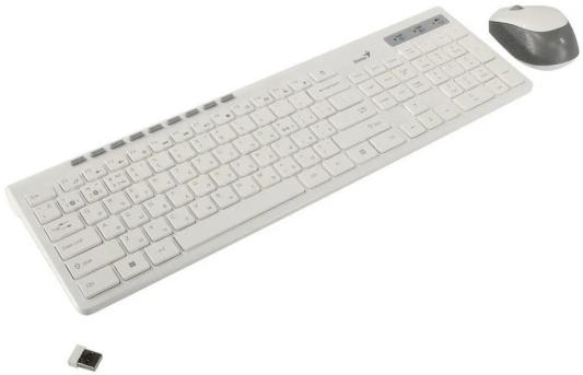 Комплект беспроводной Genius Smart KM-8230 WHITE, клавиатура+мышь, USB, 1 мини-ресивер на оба устройства. Клавиатура: 104 клавиши кнопка SmartGenius, клавиши т