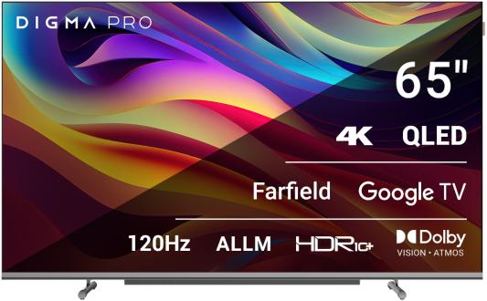 Телевизор QLED Digma Pro 65" QLED 65L Google TV Frameless черный/серебристый 4K Ultra HD 120Hz HSR DVB-T DVB-T2 DVB-C DVB-S DVB-S2 USB 2.0 WiFi Smart TV