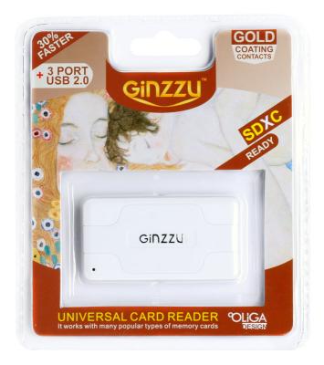 Карт-ридер USB 2.0 Ginzzu + Hub 3 port, White (GR-417UW)