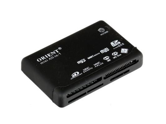 Карт-ридер USB 2.0 Orient Mini Black <SDHC class2,4,6/microSD/microMMC/miniSD, прорезиненный пластик>