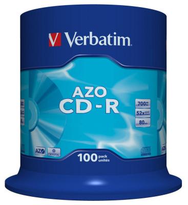 Диски CD-R 80min 700Mb Verbatim  52x  100 шт  Cake Box  Crystal AZO  <43430>