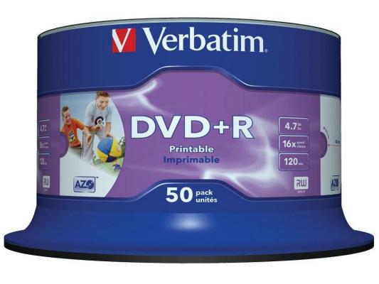 Диски DVD+R 4.7Gb Verbatim 16x  50 шт  Cake Box  Printable  <43651\\512>