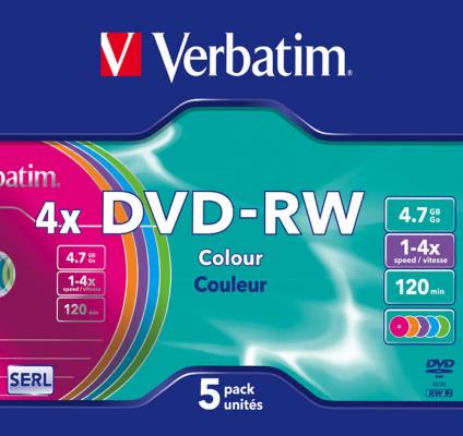 Диск DVD-RW 4.7Gb Verbatim 4x  Slim color (43563) 5шт