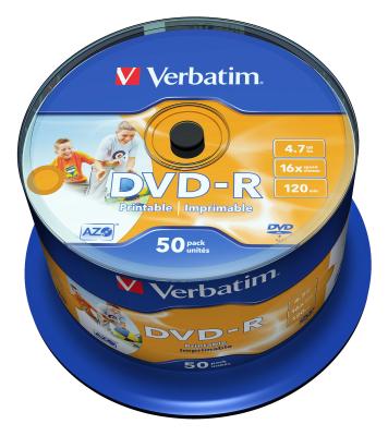 Диски DVD-R Verbatim 16x 4.7Gb CakeBox 50шт Printable 43649 43533
