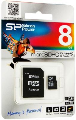 Карта памяти Micro SDHC 8GB Class 4 Silicon Power SP008GBSTH004V10-SP + адаптер SD