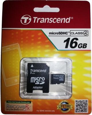 Карта памяти Micro SDHC 16GB Transcend Class 4 + адаптер SD (TS16GUSDHC4)