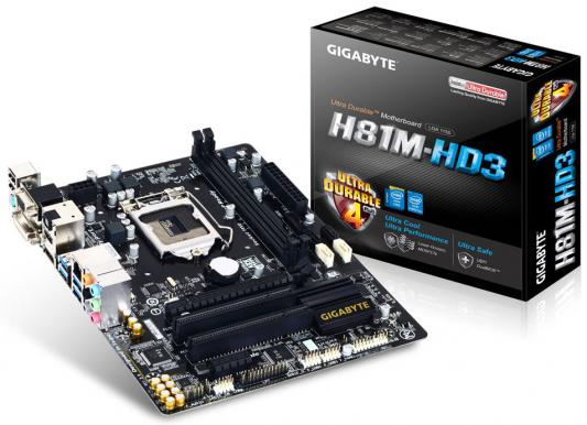 Материнская плата Gigabyte GA-H81M-HD3 Socket1150 Intel H81 2xDDR3 1xPCI-E 16x 1xPCI-E 1x 2xSATAII 2xSATAIII USB3.0 D-Sub DVI HDMI DP 7.1 Sound Glan mATX OEM