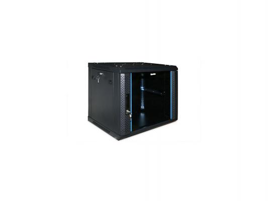 Шкаф настенный 19" 6U Hyperline TWFS-0645-GP-RAL9004 367x600х450мм стеклянная дверь с перфрацией по бокам ручка с замком черный разобранный 2 коробки