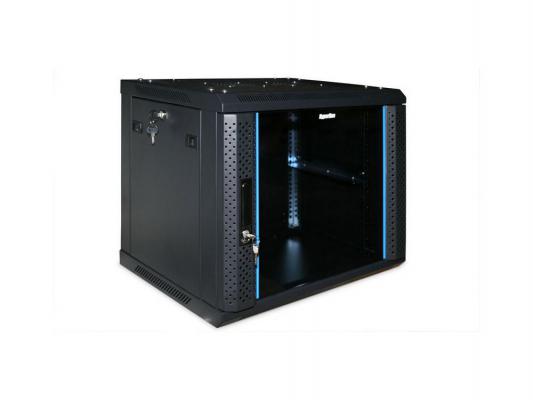 Шкаф настенный 19" 12U Hyperline TWFS-1245-GP-RAL9004 650x600х450 стеклянная дверь с перфрацией по бокам ручка с замком черный разобранный 2 коробки