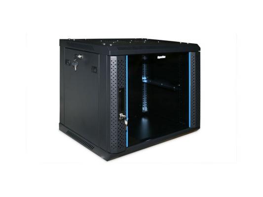 Шкаф настенный 19" 9U Hyperline TWFS-0966-GP-RAL9004 500x600х600 стеклянная дверь с перфрацией по бокам ручка с замком черный разобранный 2 коробки
