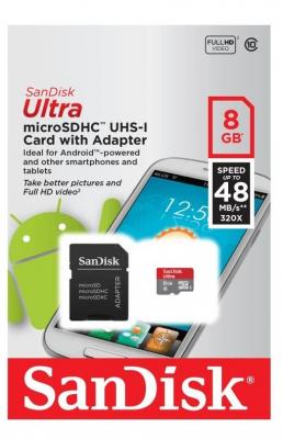 Карта памяти Micro SDHC 8Gb Class 10 Sandisk Ultra Android SDSDQUAN-008G-G4A + адаптер SD