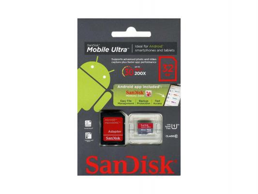 Карта памяти Micro SDHC 32Gb Class 10 Sandisk Ultra SDSDQUIN-032G-G4 + адаптер SD 48MB/s