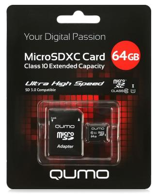 Карта памяти Micro SDXC 64Gb class 10 UHS-I QUMO QM64GMICSDXC10U1 + SD adapter