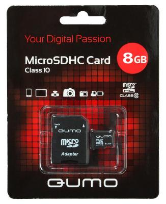 Карта памяти Micro SDHC 8Gb class 10 QUMO QM8GMICSDHC10 + SD adapter