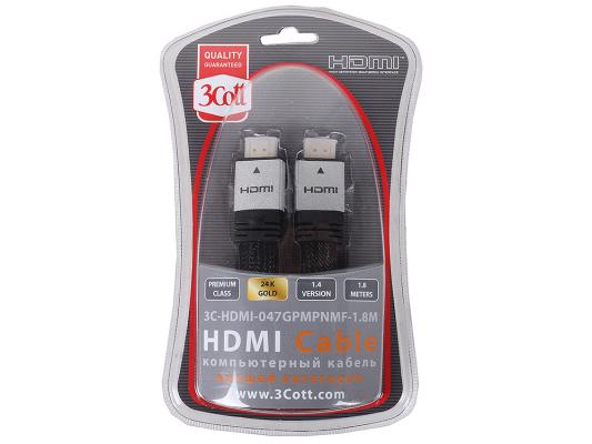 Кабель HDMI 1.8м 3Cott Ver.1.4 3D + Ethernet позолоченные коннекторы нейлоновая оплетка 3C-HDMI-047GPMPNMF-1.8M