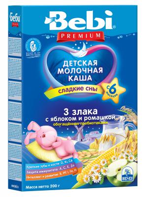 Каша Bebi Premium 3 злака с яблоком и ромашкой обогащенная пробиотиками Для сладких снов с 6 мес. 200 гр. мол.