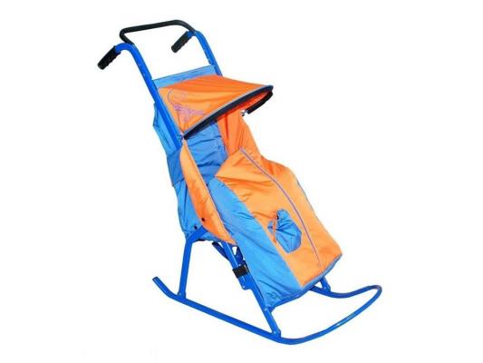Санки-коляска — Снегурочка 2-Р1 Снежинки до 50 кг голубой оранжевый сталь
