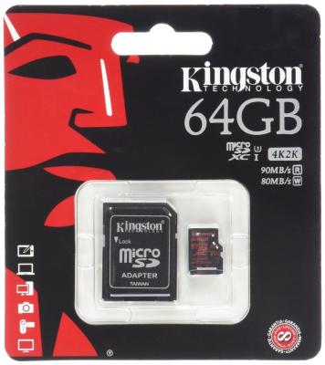 Карта памяти Micro SDXC 64GB Class 10 Kingston SDCA3/64GB + адаптер