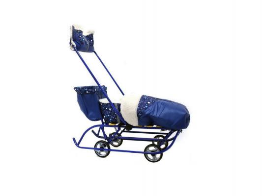 Санки-коляска RT Премиум на колесах с педальным принципом до 50 кг синий металл дерево мех