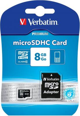Карта памяти Micro SDHC 8GB Class 10 Verbatim 44081 + адаптер