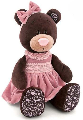 Мягкая игрушка медведь Orange Milk в розовом бархатном платье текстиль коричневый 30 см М5043/30