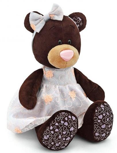 Мягкая игрушка медведь ORANGE Milk сидячая в платье с вышивкой плюш коричневый 25 см М5040/25