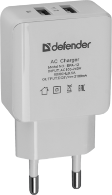 Сетевое зарядное устройство Defender EPA-12 2 х USB 2А белый 83530