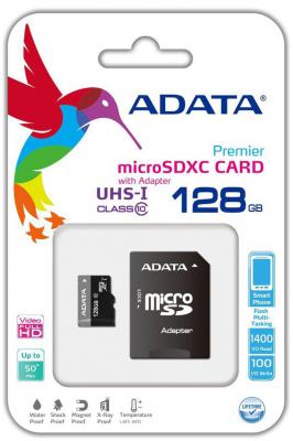 Карта памяти Micro SDHC 128Gb Class 10 A-Data AUSDX128GUICL10-RA1+ адаптер SD