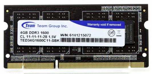 Оперативная память для ноутбука 4Gb (1x4Gb) PC3-12800 1600MHz DDR3 SO-DIMM CL11 Team TED34G1600C11-S01