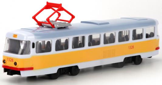Интерактивная игрушка Shantou Gepai Трамвай Городской от 3 лет оранжевый 1:54, свет, звук, откр.двери