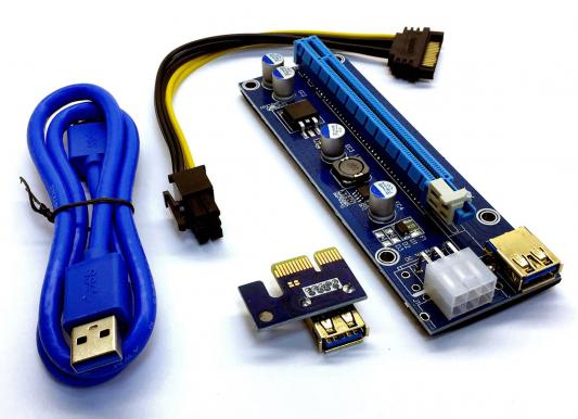 Райзер ST-16X03 с PCI-E 1x на PCI-E 16x с 60 см USB 3.0 и 6 pin на SATA кабелями, OEM