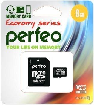 Карта памяти Micro SDHC 8GB Class 10 Perfeo PF8GMCSH10AES + адаптер SD