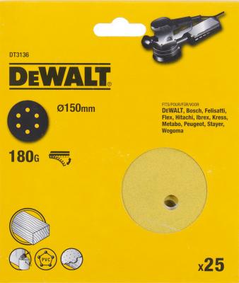 Круг фибровый DeWALT DT3136-QZ для эксц.шлифмашин, 150мм, 6 отв., 180G, 25шт.