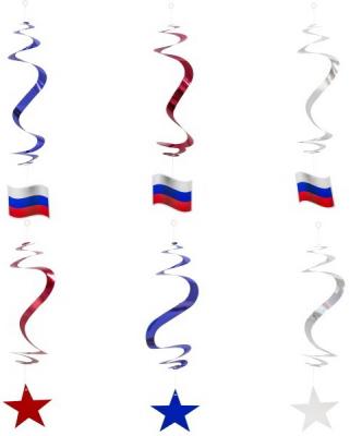 Набор праздничных подвесок "Россия", 6 шт. (3 звезды и 3 флага), 60см, фольга, картон