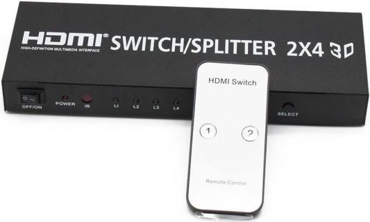 Разветвитель Orient HSP0204H, HDMI 4K Switch/Splitter 2-4, HDMI 1.4/3D, UHDTV 4K(3840x2160)/HDTV1080p/1080i/720p, HDCP1.2, Audio выходы: SPDIF, пульт ДУ, внешний БП 5В/2A, метал.корпус