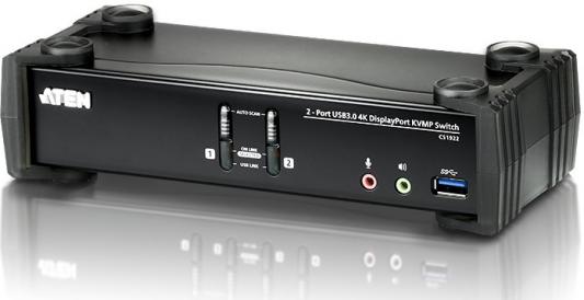 Переключатель KVM ATEN  CS1922-AT-G Переключатель, электрон., KVM+Audio+USB 3.0,  1 user USB+DP =>  2 cpu USB+DP, со шнурами DP 2x1.5м.+USB 2х1.8м., 3