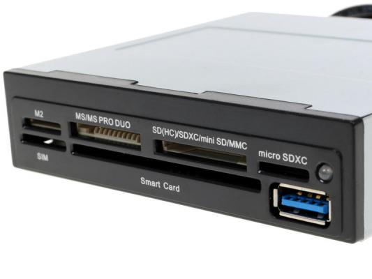 Картридер внутрений USB 2.0, 3.5", Ginzzu GR-139UCB - SDXC/SD/SDHC/MMC +MS +microSD/SDXC/SDHS +M2 +Smart Card +SIM +1 порт USB 3.0, металл, пер. панел