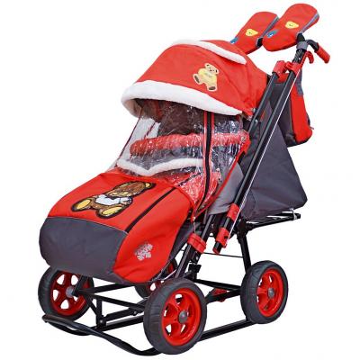 Санки-коляска SNOW GALAXY City-2 Мишка с бабочкой на красном на больших колёсах Ева+сумка+варежки