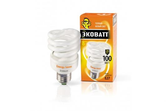 Лампа энергосберегающая ECOWATT Mini FSP 20W 827 E27 тёплый белый свет  витая мини, люминисцентная