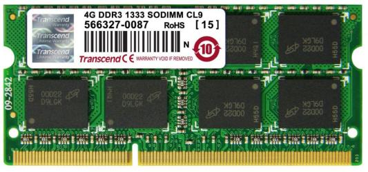 Оперативная память для ноутбука 4Gb (1x4Gb) PC3-10600 1333MHz DDR3 SO-DIMM CL9 Transcend JM1333KSN-4G